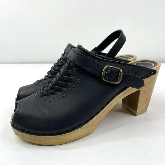 No. 6 Sven Clog Woven Slingback Peep Toe Wooden Heel Black Leather Shoes Size 38 - Picture 4 of 9